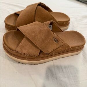 UGG Chestnut Suede Crisscross Platform Slide Sandals